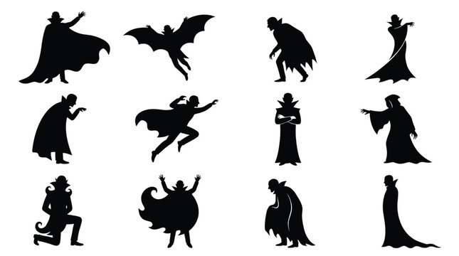 Set of silhouettes of dracula, vampire in a cloak