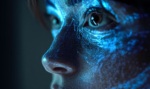 Futuristic digital human profile formed by glowing blue particles and light, AI avatar visualization representing artificial intelligence and virtual identity