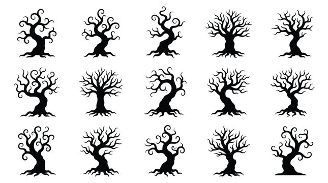 Set of black silhouettes of spooky leafless trees collection of creepy dead trees for halloween design