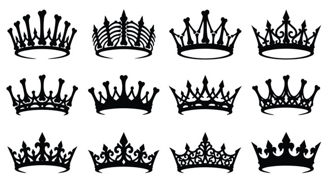 Gothic crown silhouettes set black royal tiaras, bone crowns, and medieval king queen headwear
