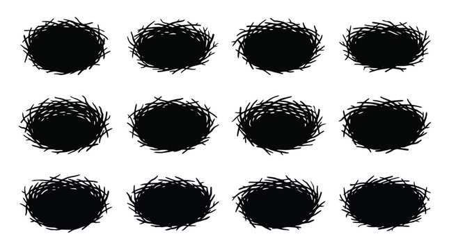 Set of bird nests, hand drawn vector illustration collection of empty nests for eggs