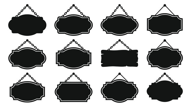 Set of vintage hanging signs, blank wooden or metal signboards with chains, vector illustration