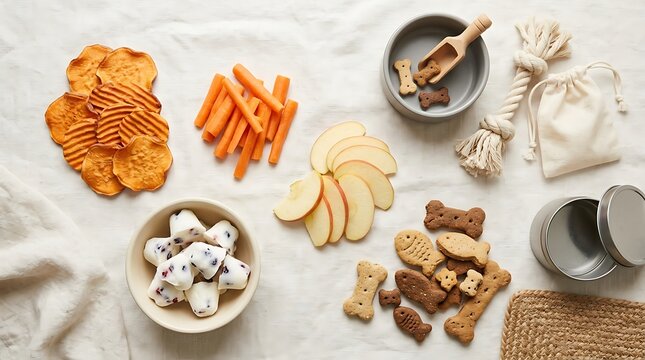 Healthy dog treats and snacks arranged on a table for pet training and rewards. puppy snack ideas