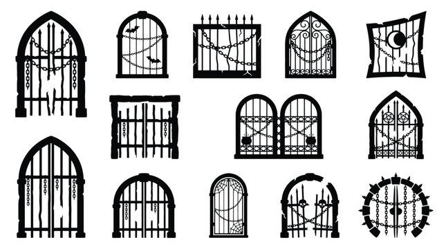 Set of gothic gates and iron fences with chains and locks