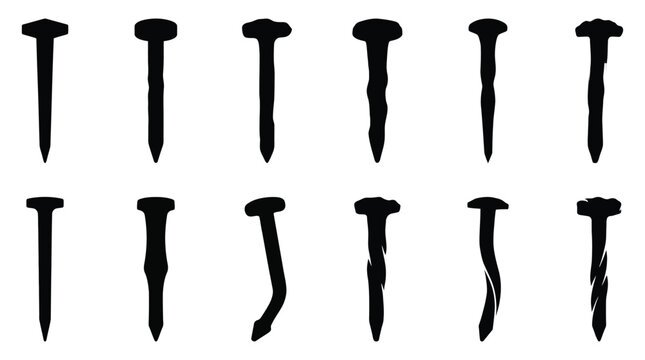 Set of various metal nails silhouettes, different types of construction fasteners, hardware tools for carpentry and woodwork, collection of iron nails