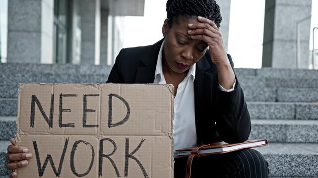 Unemployed Black Businesswoman Holding 'Need Work' Sign on City Steps, Distressed