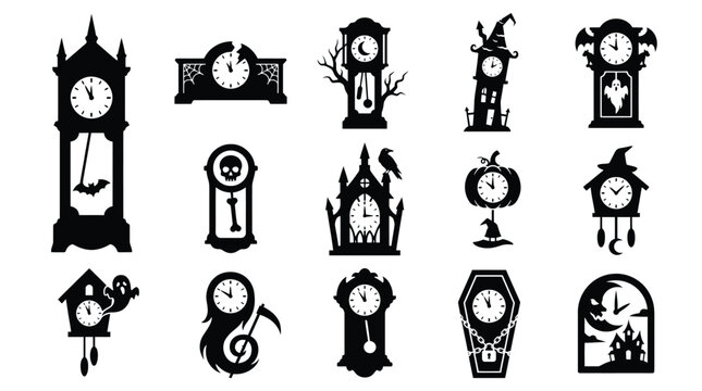 Set of halloween clocks, spooky timepieces with ghosts, bats, skulls, pumpkins, and haunted houses, vector illustration