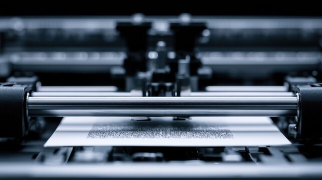 Printer malfunctions as paper gets stuck, showing mechanical parts in a dark environment