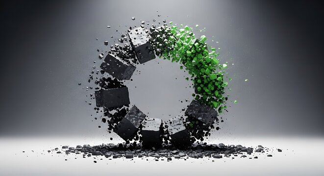 Abstract ring of evolving blocks; gray-to-green transformation with particulate effects