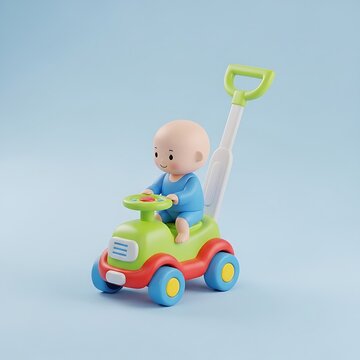 Baby on colorful scooter with green umbrella outdoors.