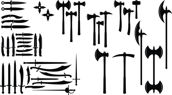 Medieval and historical weapon silhouettes collection featuring swords knives axes and throwing stars on white background