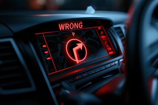 Navigation screen displays a wrong turn warning in red while the driver experiences frustration in a dark car interior during nighttime.
