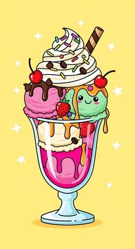 Colorful cartoon ice cream cone with sprinkles and cherry.