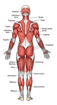 Anatomical diagram of human muscular system front view.