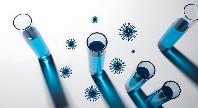 Abstract scientific illustration featuring blue liquid test tubes and viral particles