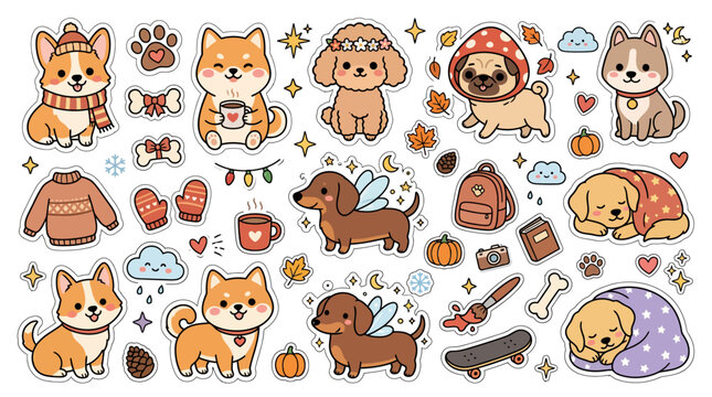 Set of cute autumn themed dog stickers with various breeds and accessories.