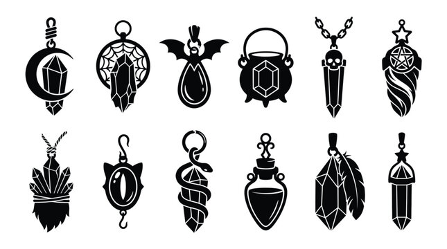 Set of vector magic pendants, witchy amulets and talismans gothic jewelry collection with crystals, skulls, potions, and occult symbols for mystical design