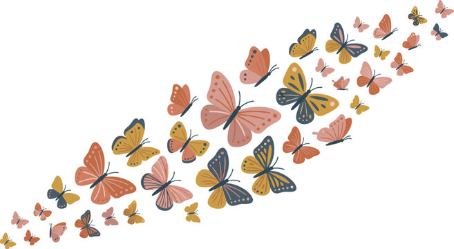 Beautiful Butterfly Swarm Vector Design featuring a Swirling Flight of Colorful Monarchs, Moths, and Insects for Spring Wall Decals, Textures, and Background Layouts