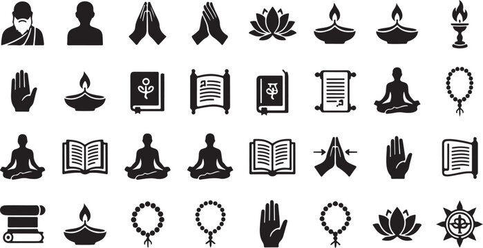 Spiritual icons and symbols from India including prayer meditation and sacred texts.