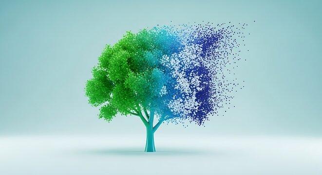 Abstract tree with green foliage transforming into blue pixelated particles on a light blue backdrop