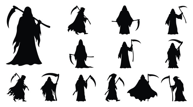 Set of silhouettes of the grim reaper with a scythe, death characters