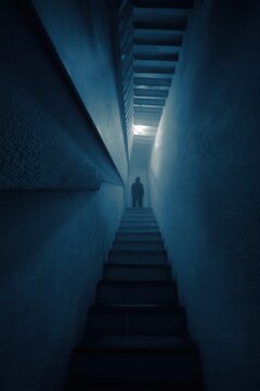 View looking up a dark stairwell with a figure standing at the top and light shining down in a narrow space during late evening hours