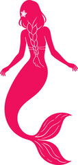 Pink standing mermaid with long braid and tail fin © KEI KATA