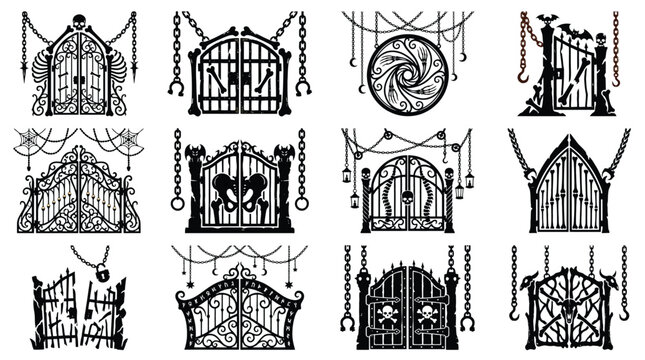Set of gothic gates with skulls, bones, chains, and spider webs