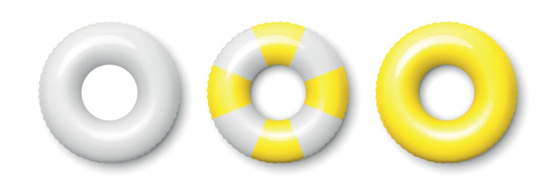 Vector 3d Yellow and White Inflatable Swim Rings Isolated. Blank Pool Float Set. Inflatable Rubber Tube for Summer Beach and Pool Design. Realistic Swim Ring Mockup