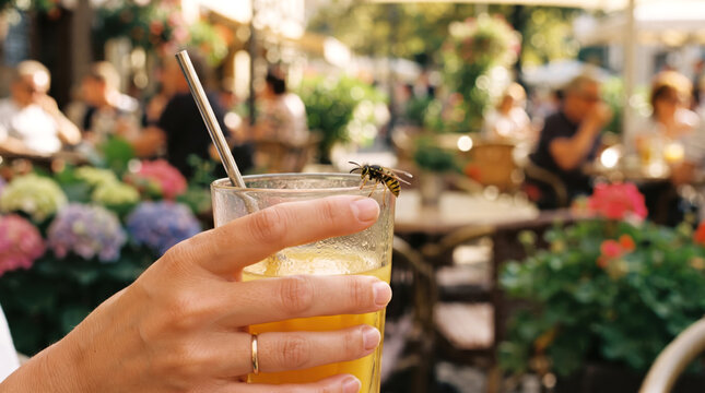 Wasp sitting on glass of orange juice at outdoor terrace cafe