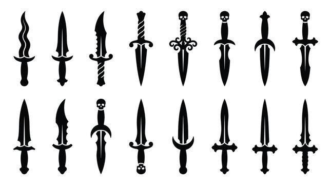 Set of daggers and knives silhouettes, medieval weapons, sharp blades, fantasy swords, vector illustration