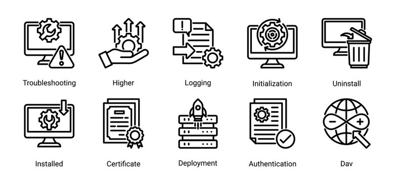 System Operations icon set vector illustration featuring troubleshooting,deployment,authentication,and server operation management concepts.