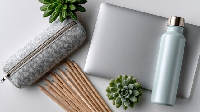 Workspace setup with laptop, stationery, plants, and water bottle on light table Generative AI