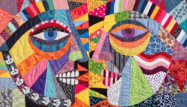 Abstract mosaic artwork depicting two stylized human faces with vibrant, geometric patterns and diverse textures in various bright colors.
