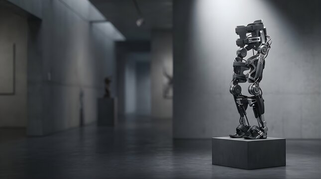 Robotic exoskeleton legs displayed on a pedestal in a modern gallery