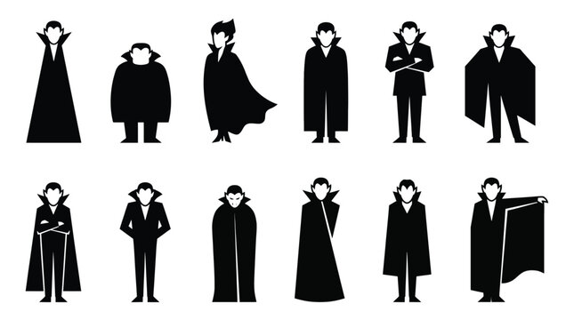Set of vampire silhouettes, dracula characters in different poses, collection of gothic monsters, vector illustration