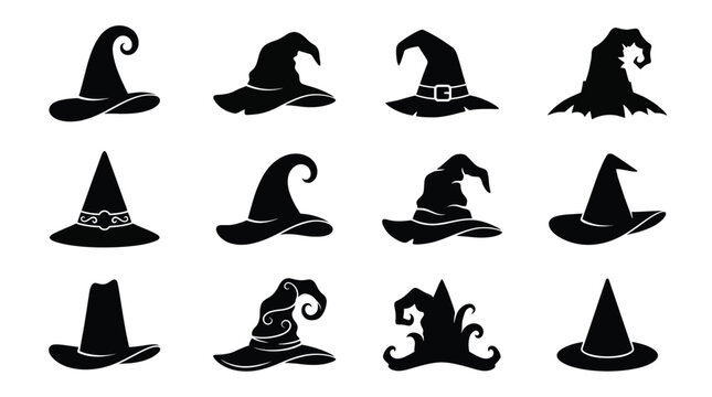 Set of witch hats silhouettes, halloween vector icons, magic wizard caps