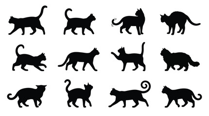 Obraz premium Set of silhouettes of cats in various poses, walking, sitting, standing, and playing, black cat icons