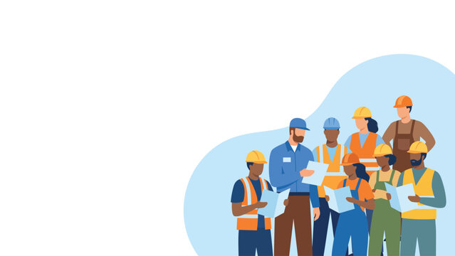 Diverse group of construction professionals reviewing blueprints and plans on site.