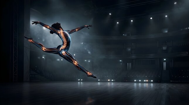 Skeleton anatomy of a dancing ballerina jumping on stage in dark theater