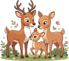Cute Deer Family Cartoon Character Vector Illustration with Stag, Doe, and Baby Fawn for Nursery Wall Art, Children Storybooks, and Greeting Cards © Rubel