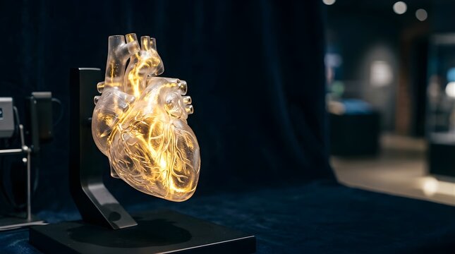 Transparent anatomical heart model with glowing electrical conduction