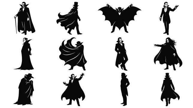 Set of vampire silhouettes, dracula characters in various poses with capes and formal suits