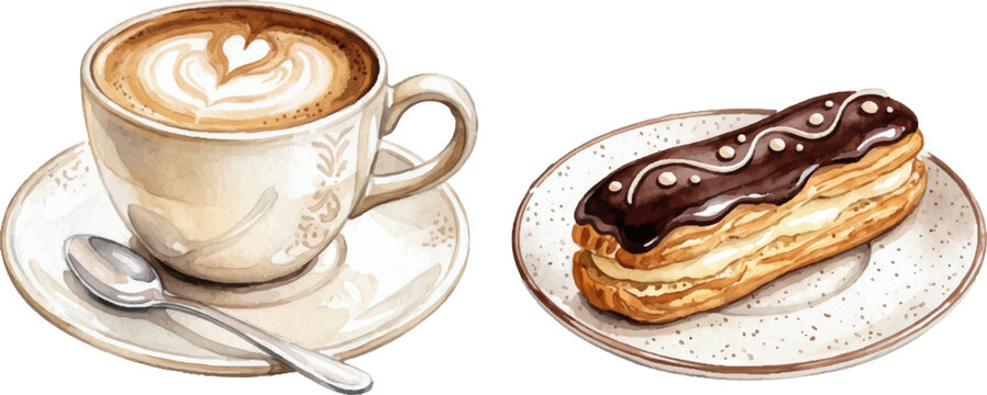 Creamy coffee latte cup with chocolate glazed eclair and metal spoon, perfect for bakery menus or coffee shop marketing.