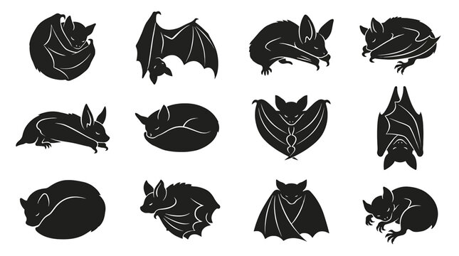 Set of black silhouettes of bats in different poses, collection of flying, sleeping and hanging bats