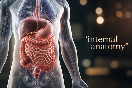 A translucent human figure displaying internal anatomy, specifically the digestive system, against a dark background.