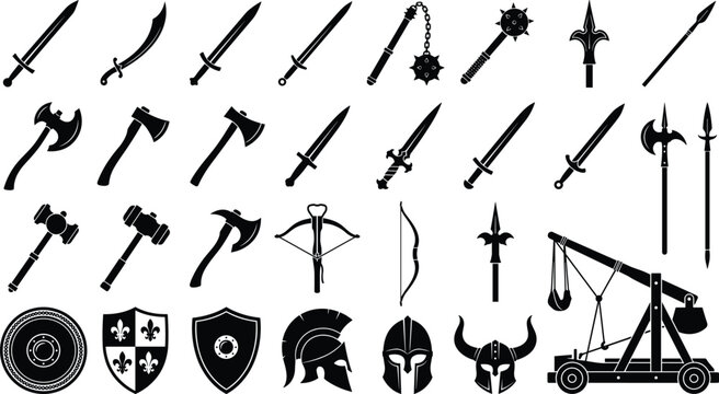 Medieval weapons and armor silhouette vector set containing swords, shields, axes, helmets, and ancient siege catapult equipment