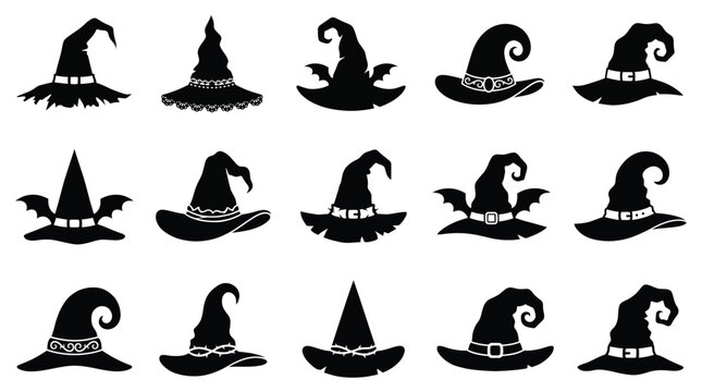 Halloween witch hat silhouettes set collection of wizard and witch hats with buckles, bat wings, and thorns spooky magic headwear vector icons