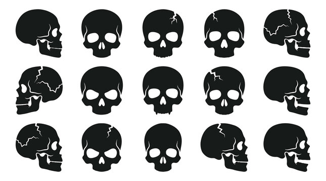 Set of human skull icons, vector illustration collection of different skull shapes, front and side views, cracked and intact