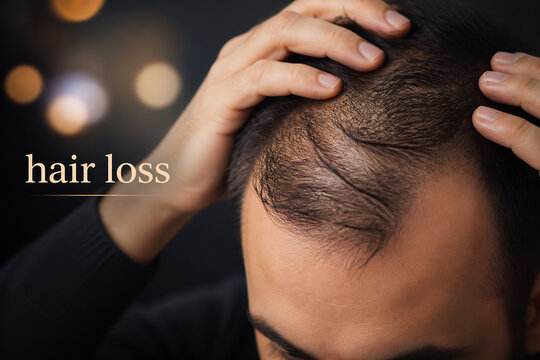 A man is touching his thinning hair, suggesting a concern about hair loss in a dimly lit setting.